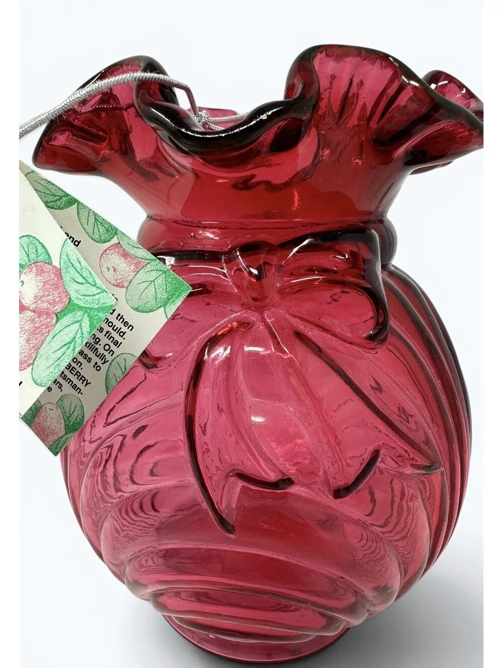 Fenton Art Glass Country Cranberry Caprice Bow Drape Vase Vintage Ruffle Tag